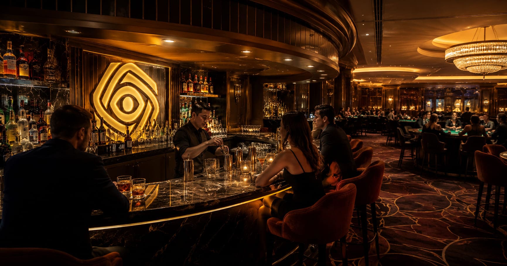 Casino bar with guests and card tables