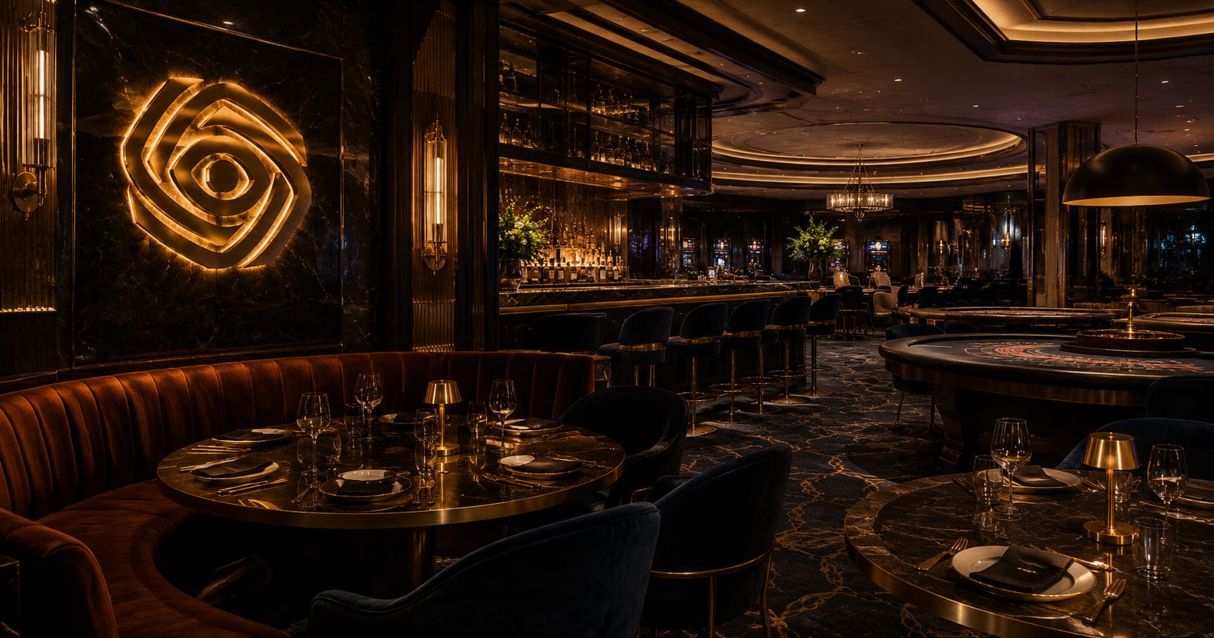 Dining and roulette room with illuminated Inner Guild Club logo