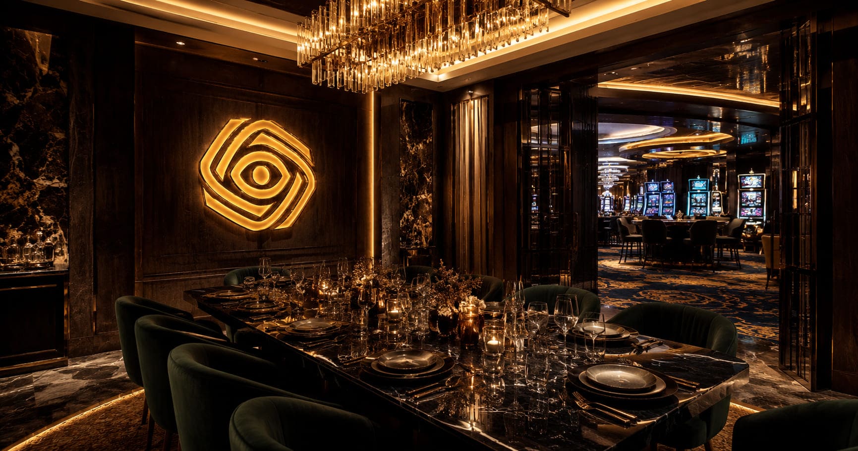 Private dining room with illuminated logo and slot machines