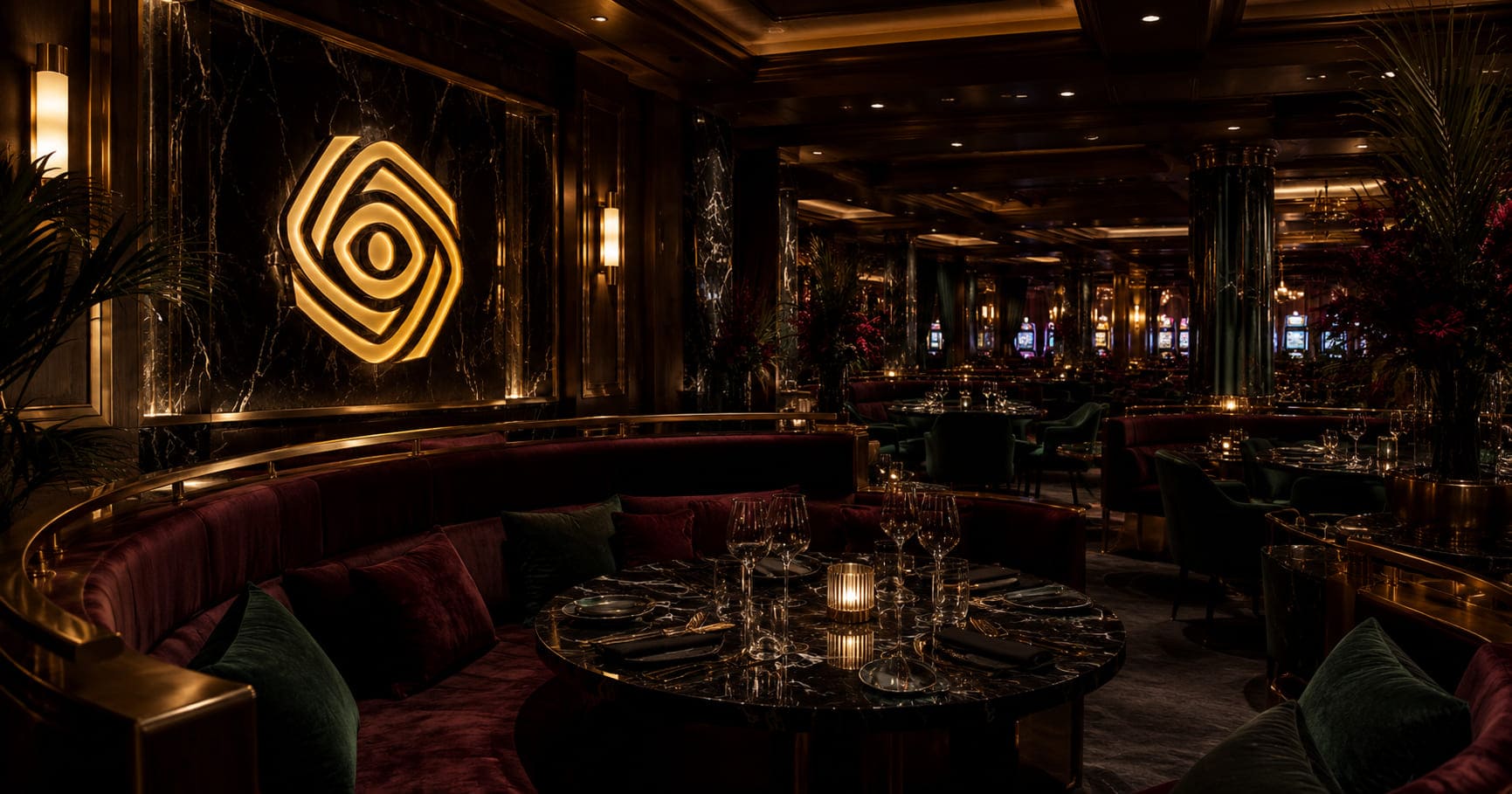 Red booth dining area with illuminated Inner Guild Club logo