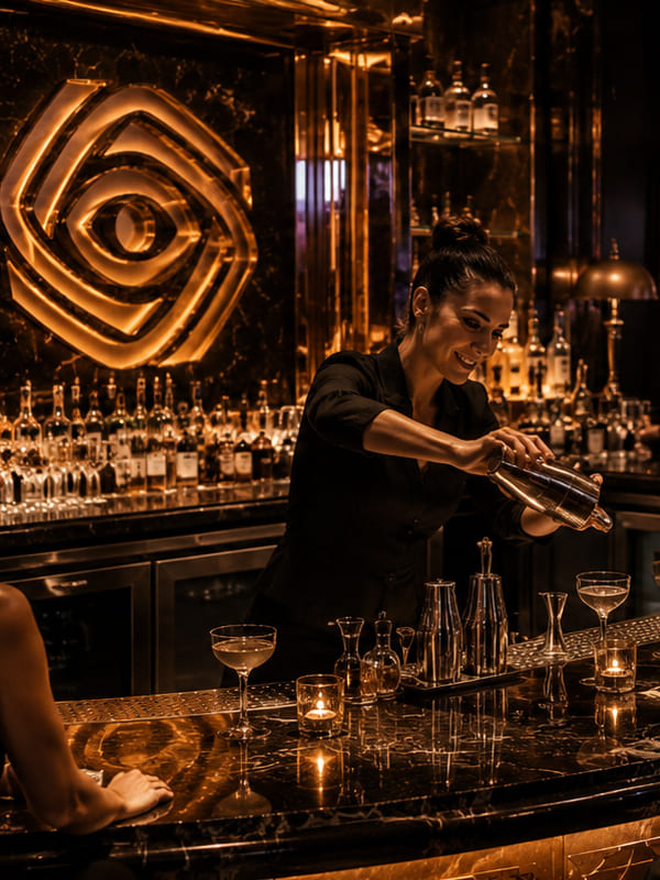 Bartender mixing a cocktail at the Inner Guild Club bar
