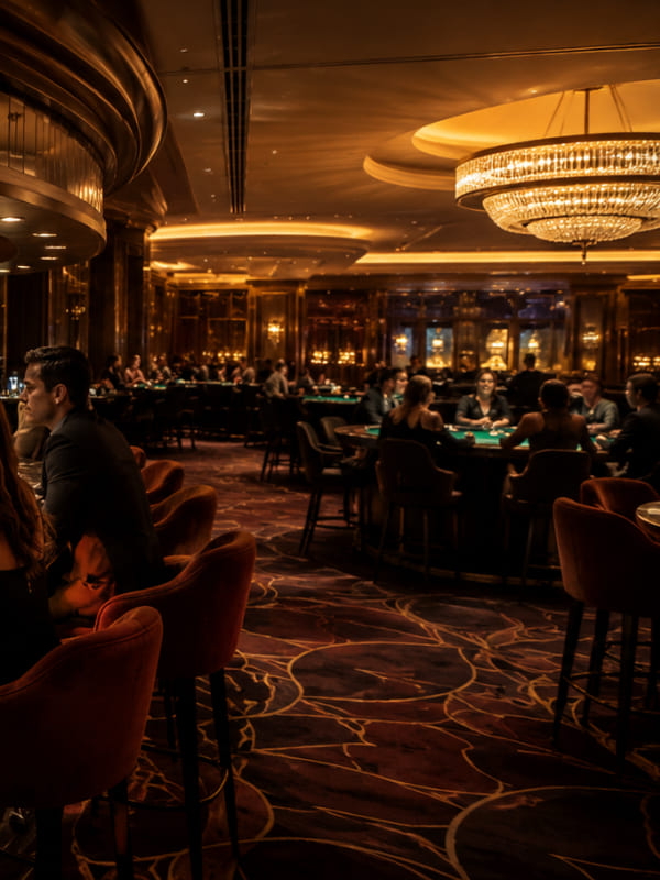 Chandelier-lit casino restaurant dining room