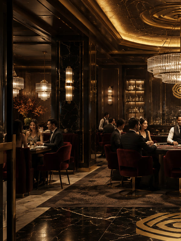 Luxury casino dining area with card tables