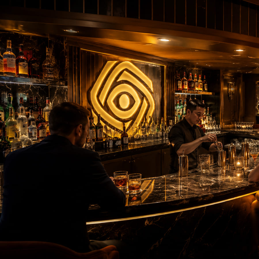 Bartender preparing drinks at the logo bar