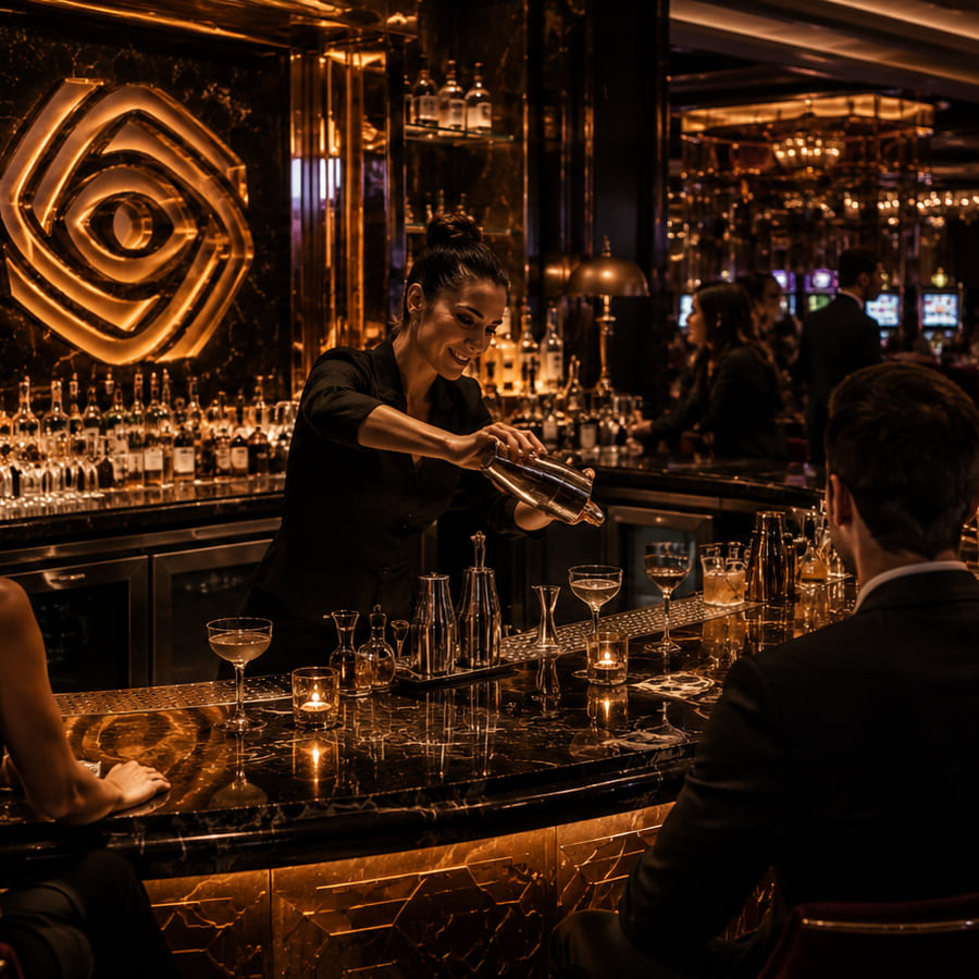 Bartender serving cocktails at the casino bar