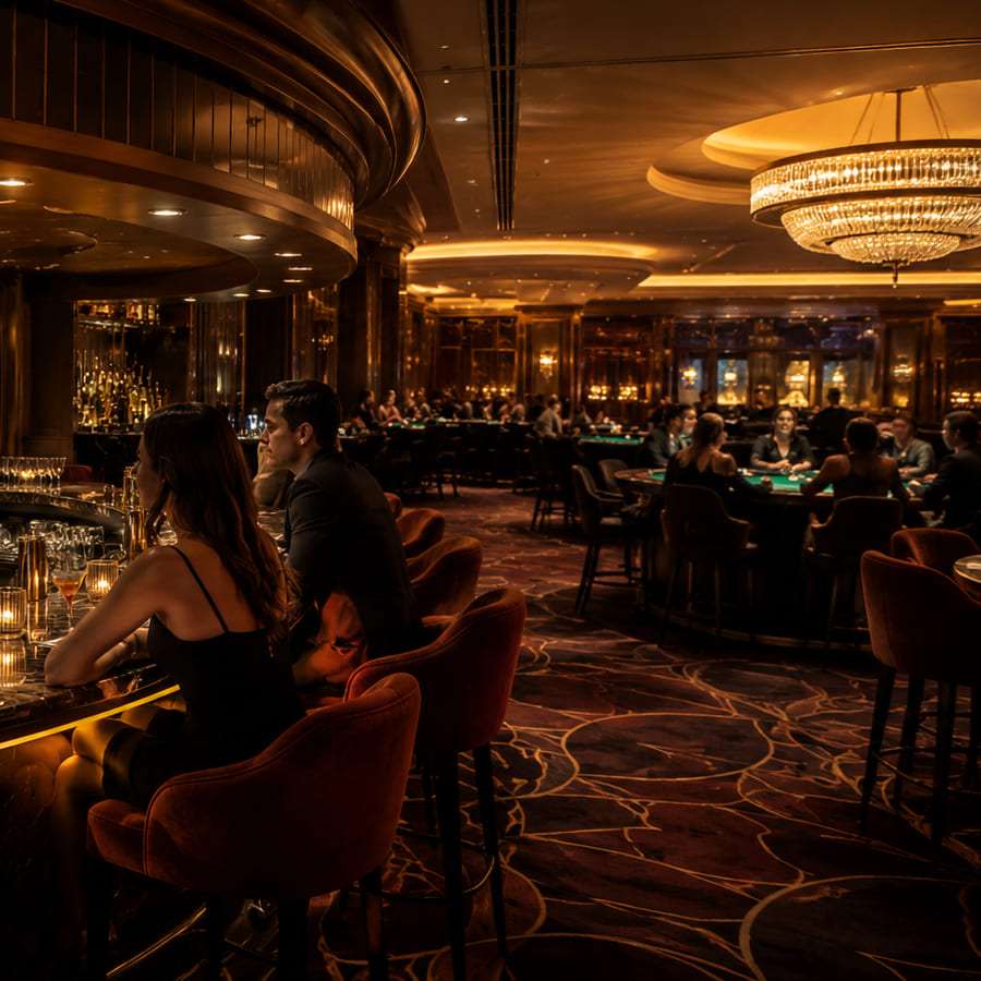 Casino bar and gaming room panoramic view