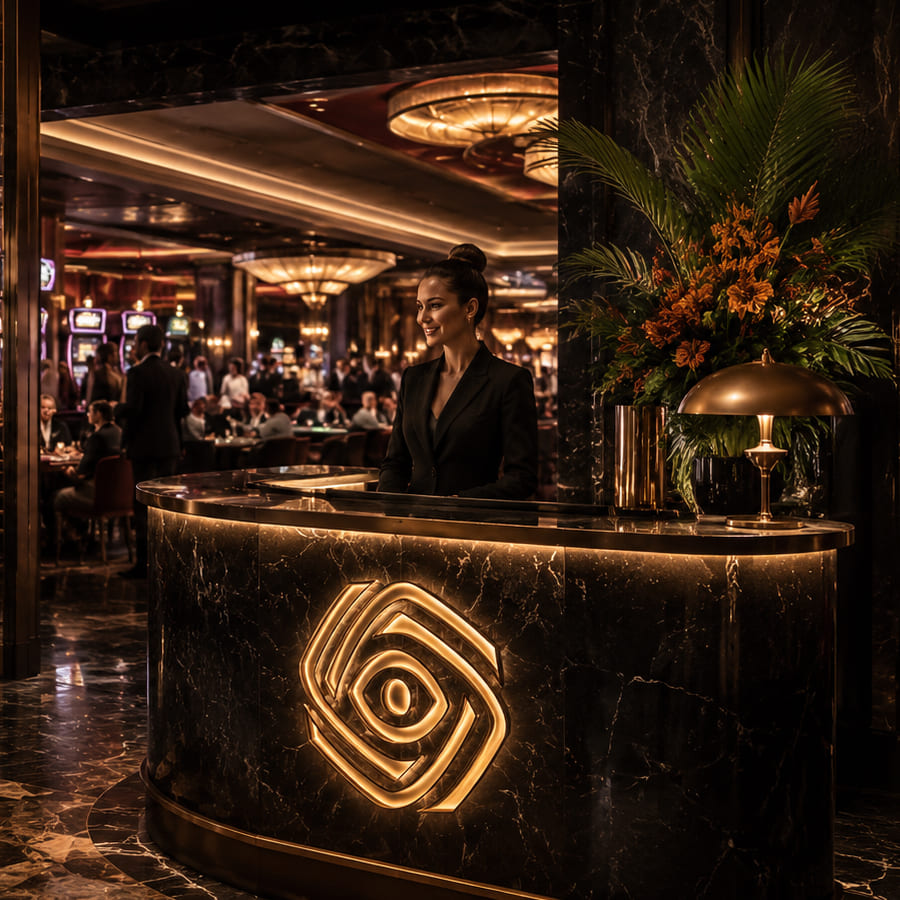 Reception desk with hostess and Inner Guild Club logo