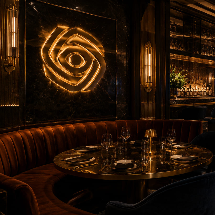 Private dining booth with illuminated logo