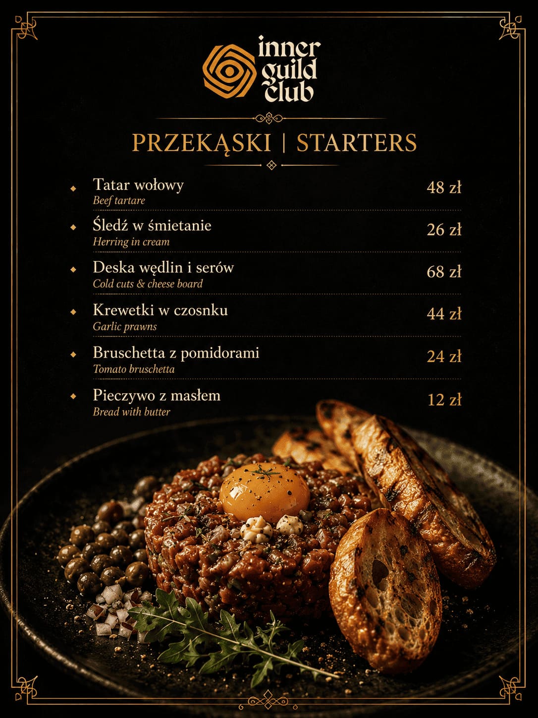 Beef tartare starter — Inner Guild Club menu
